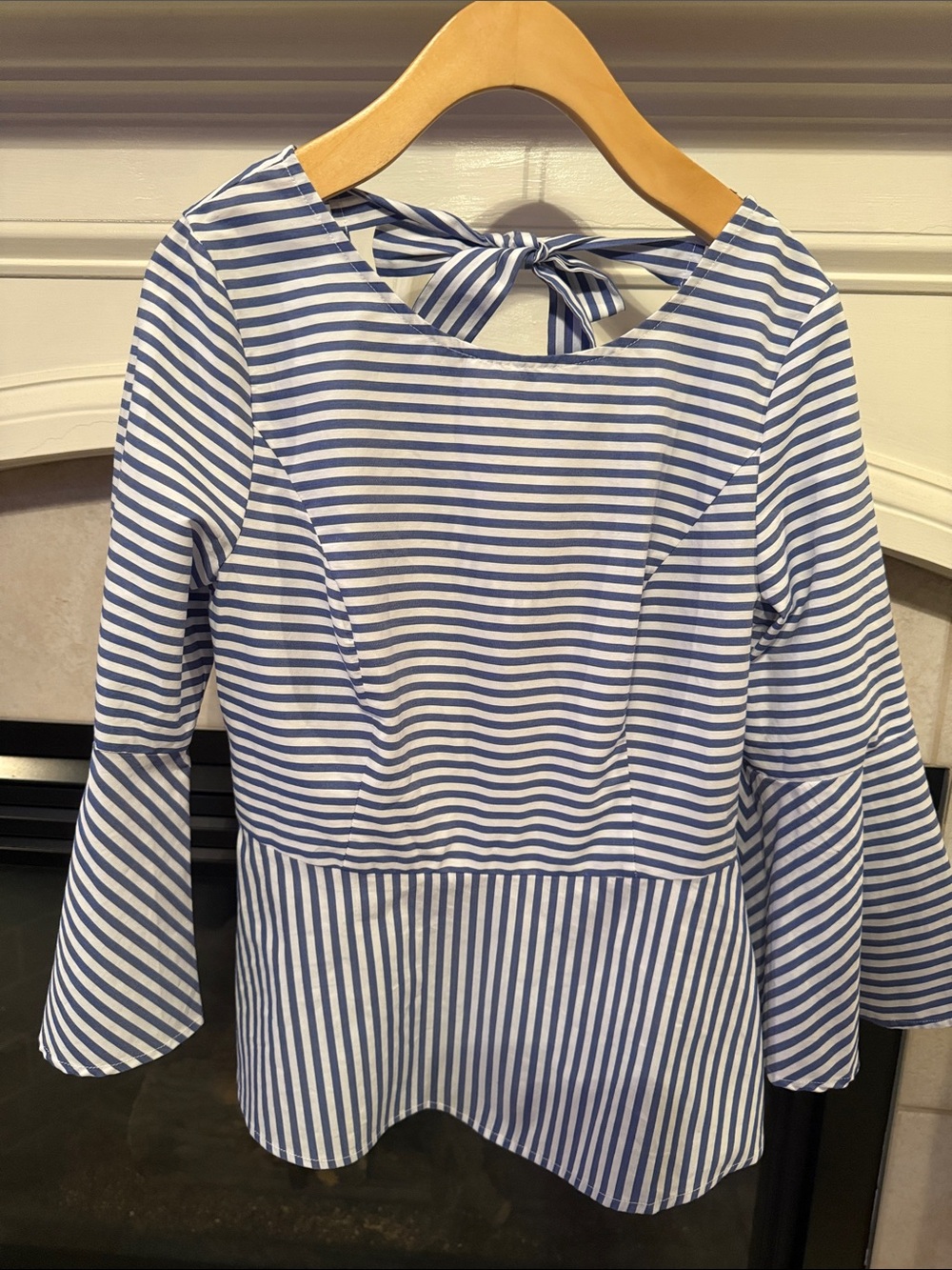 White House Black Market Blue and White Striped Tie-Back Peplum Blouse